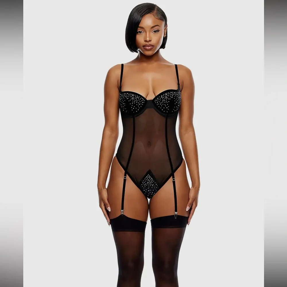 STUNNING! Black Velvet Rhinestone Sheer Bodysuit - Picture 3 of 7